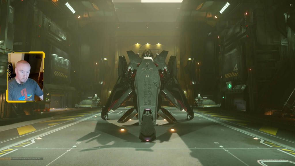 No_Look's Star Citizen ship parked in a hangar during the 17 July 2026 stream, with the stream webcam overlay in the corner