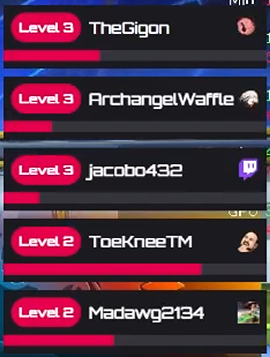 No_Look Twitch chat leaderboard for 21 July 2026 showing TheGigon, ArchangelWaffle and jacobo432 at level 3 and ToeKneeTM and Madawg2134 at level 2