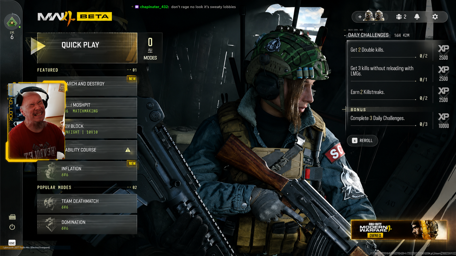 No_Look's webcam overlay on the Call of Duty Modern Warfare 4 beta main menu, showing the Quick Play panel and the daily challenges list