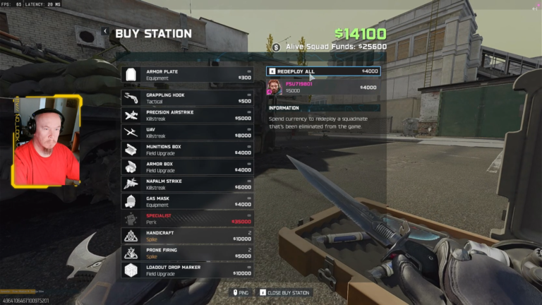 No_Look's webcam overlay on a Call of Duty Warzone buy station screen listing killstreaks and equipment with a squadmate redeploy option