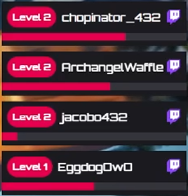 Chat leaderboard graphic showing chopinator_432, ArchangelWaffle, and jacobo432 at Level 2, and EggdogOwO at Level 1
