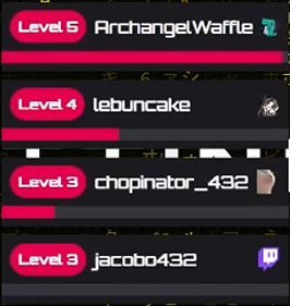 No_Look Twitch chat leaderboard for 15 August 2026 showing ArchangelWaffle at level 5, lebuncake at level 4, and chopinator_432 and jacobo432 at level 3