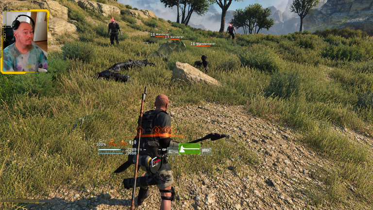 No_Look stream recap: webcam overlay on Metal Gear Survive, walking up a grassy hillside toward a group of level 16 and 17 Wanderers