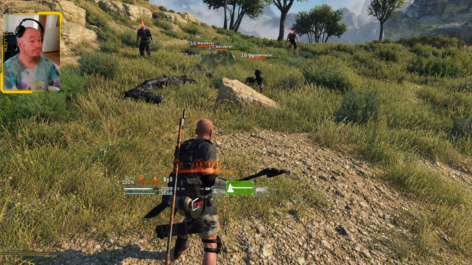 No_Look stream recap: webcam overlay on Metal Gear Survive, walking up a grassy hillside toward a group of level 16 and 17 Wanderers