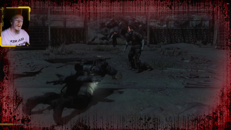 No_Look stream recap: webcam overlay on Metal Gear Survive, knocked down in a dark ruined base under a red low-health vignette as a Wanderer closes in
