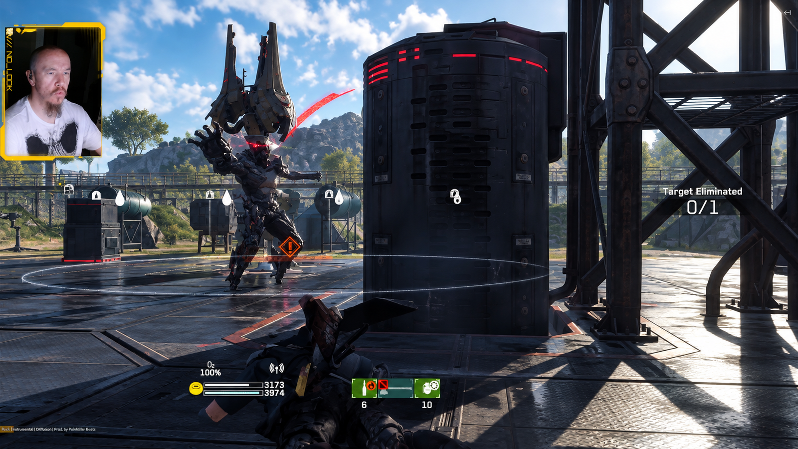 No_Look stream recap: Metal Gear Survive boss with a glowing red eye charging across the base platform, target counter at 0/1