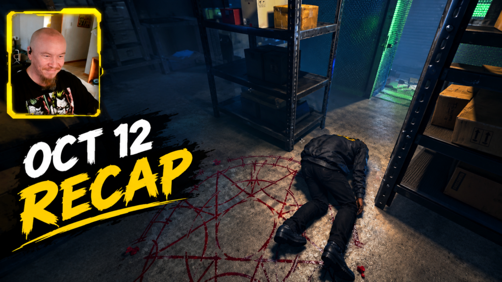 No_Look stream recap: OCT 12 RECAP thumbnail with the No_Look webcam in a yellow frame over a dark warehouse, a body face-down beside a blood-red pentagram