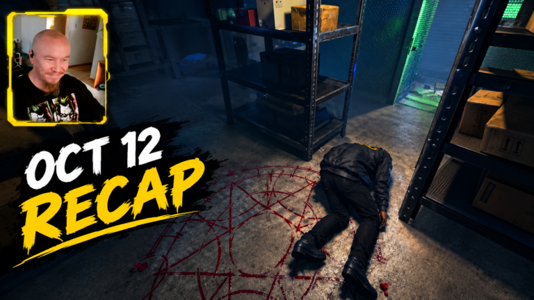 No_Look stream recap: OCT 12 RECAP thumbnail with the No_Look webcam in a yellow frame over a dark warehouse, a body face-down beside a blood-red pentagram