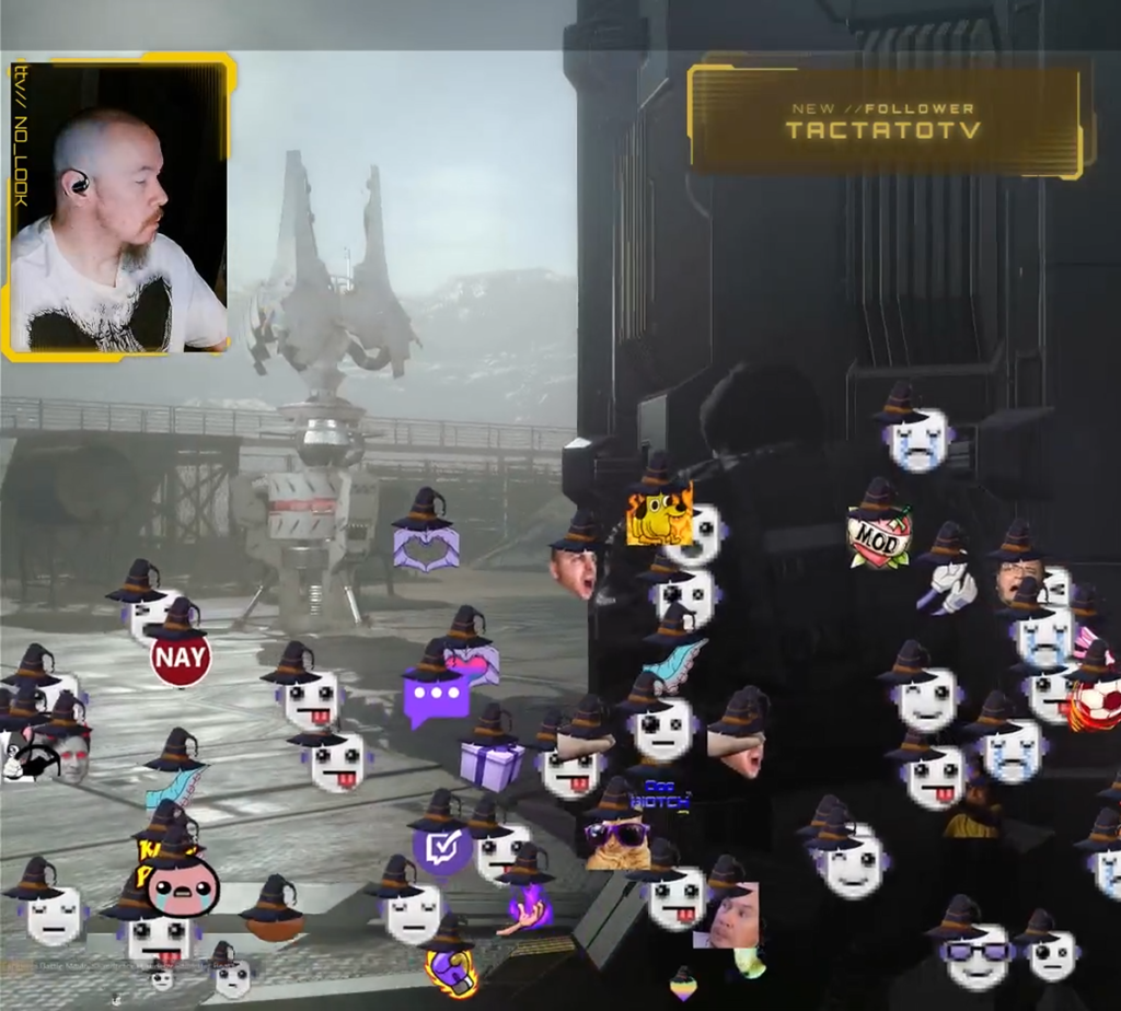 No_Look stream recap for 1 October 2026: new follower alert for TacTatoTV with a shower of witch-hat emotes over Metal Gear Survive