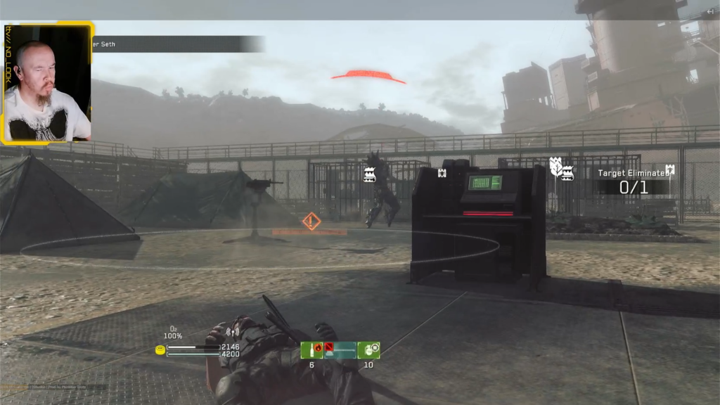 No_Look stream recap: webcam overlay on Metal Gear Survive, knocked down at base camp as the boss leaps in, target counter at 0/1