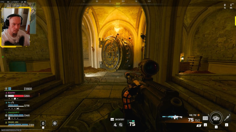 No_Look stream recap: Warzone first-person view of a giant gold vault door in a torch-lit keep, MK.78 rifle shouldered
