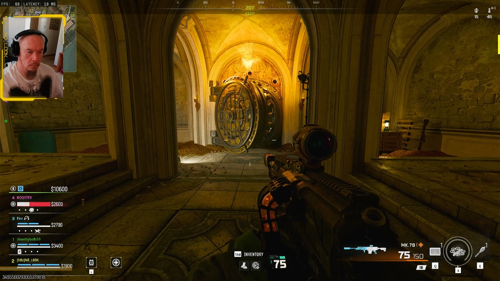 No_Look stream recap: Warzone first-person view of a giant gold vault door in a torch-lit keep, MK.78 rifle shouldered