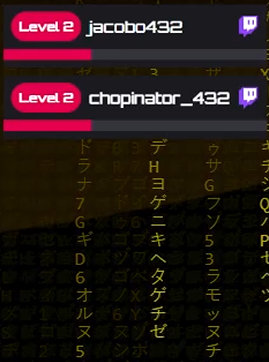 No_Look stream recap for 12 October 2026: chat leaderboard with jacobo432 and chopinator_432 at level 2 over a yellow falling-katakana background