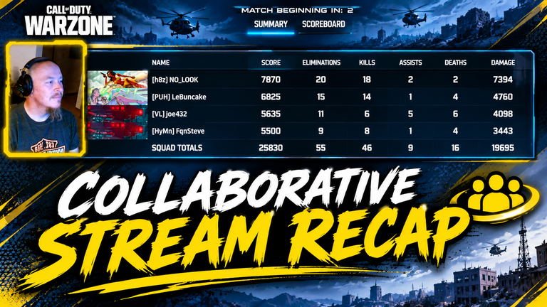 No_Look stream recap: Call of Duty Warzone Collaborative Stream Recap thumbnail with the No_Look webcam beside a squad scoreboard led by NO_LOOK with 20 eliminations