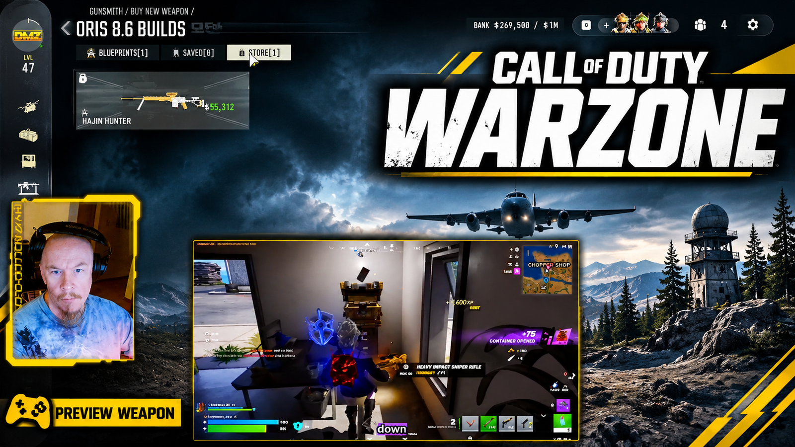No_Look stream recap: Call of Duty Warzone thumbnail with the No_Look webcam beside the DMZ Oris 8.6 gunsmith builds screen and a gameplay inset